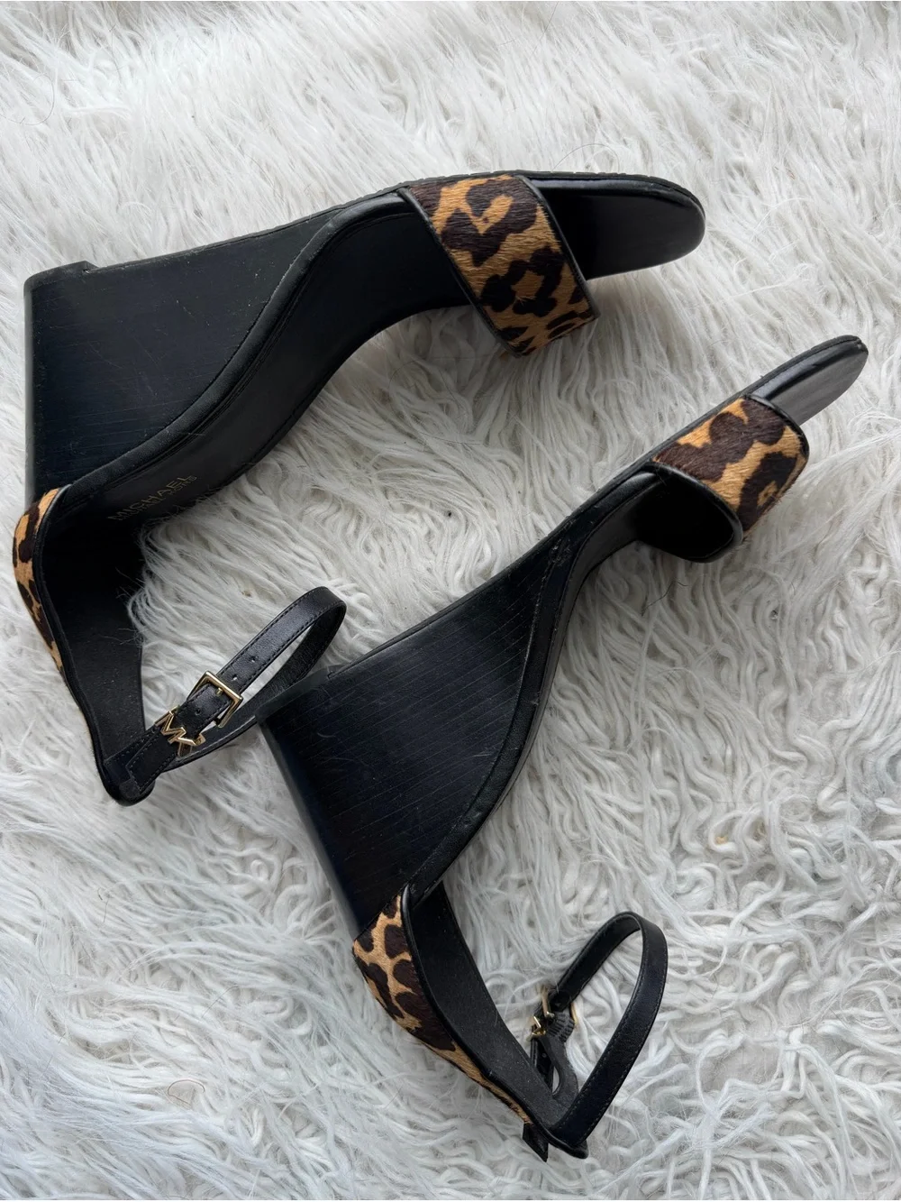 Michael Kors Leopard Calf Hair Wedge Sandals Black Gold Ankle Strap